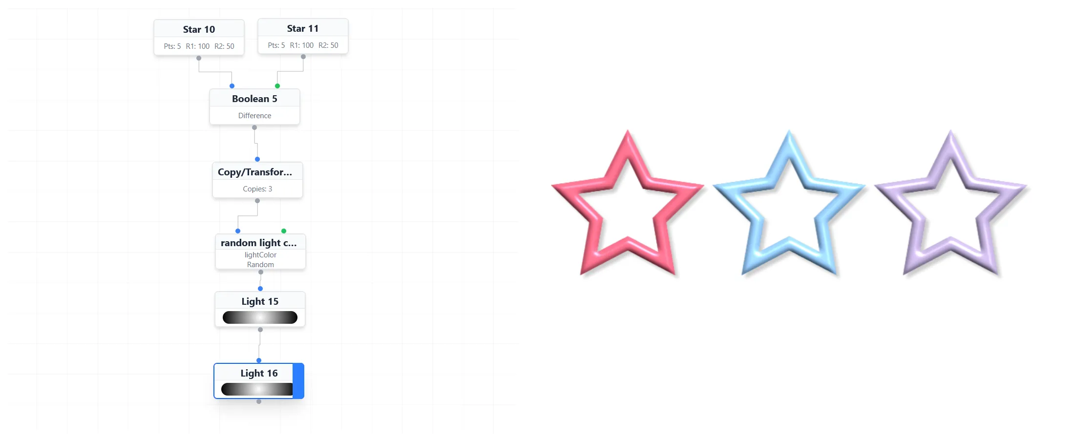 Randomly applied light color to each star shape. On left, graph that creates result of right. Created in AnimGraphLab.