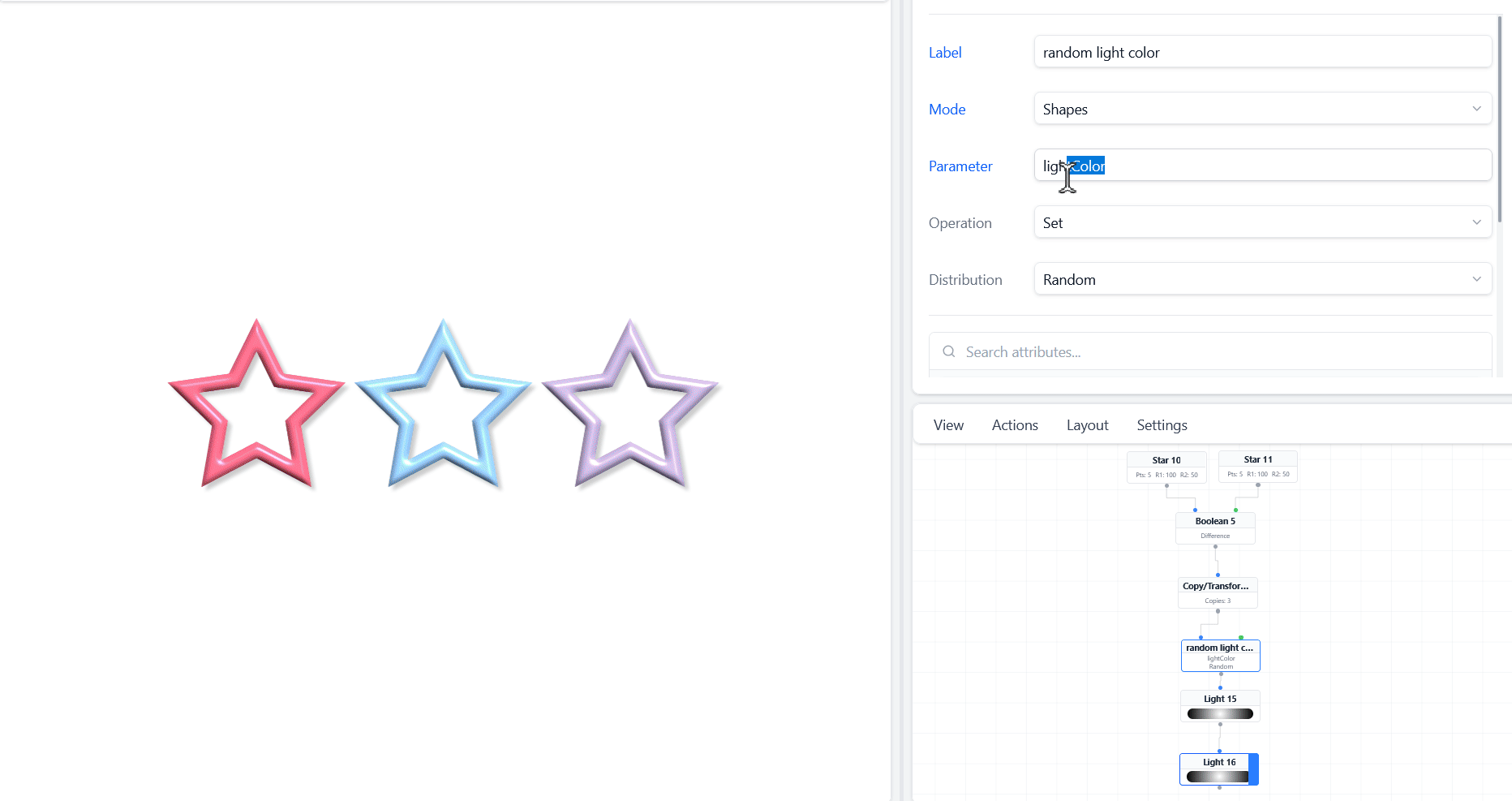 Video of randomly applied light color parameter to each of star shape using Attribute randomize node. Created in AnimGraphLab.