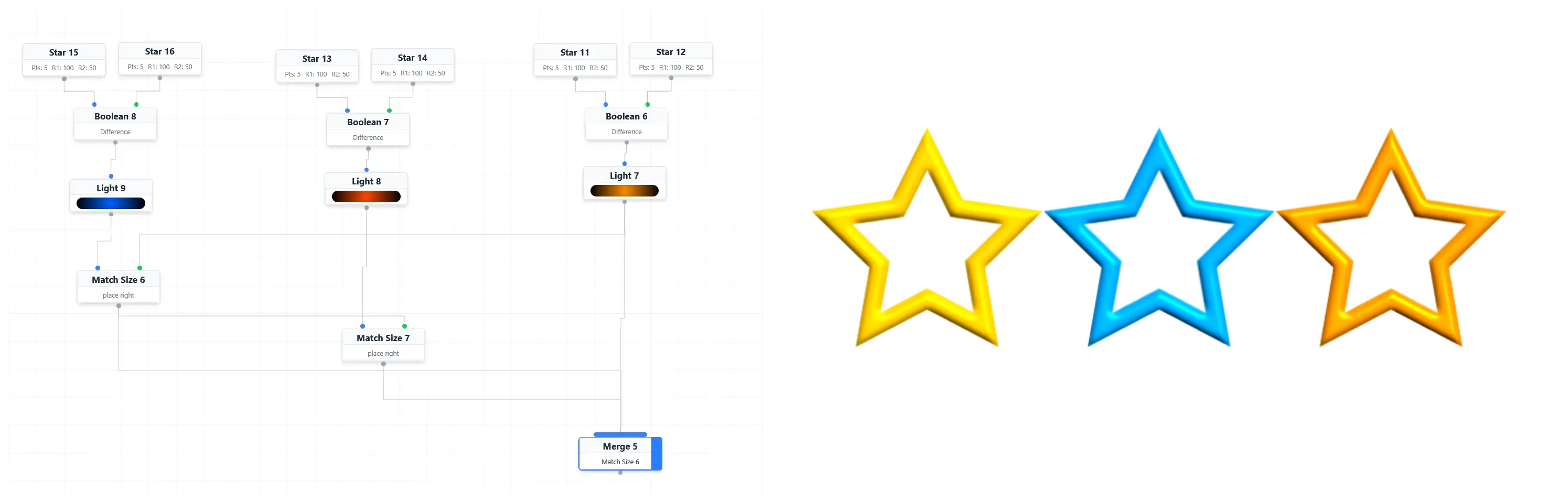 Three star shapes with different color and specular highlight merged together. Created in AnimGraphLab.